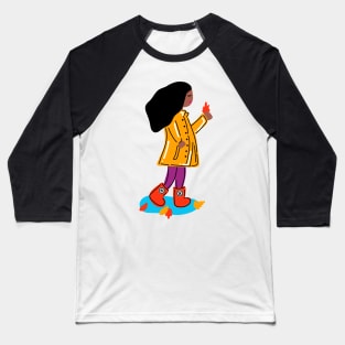 Lovely Autumn Girl With Rain Coat, Boots And Fall Leaves (Dark Skin Tone) Baseball T-Shirt